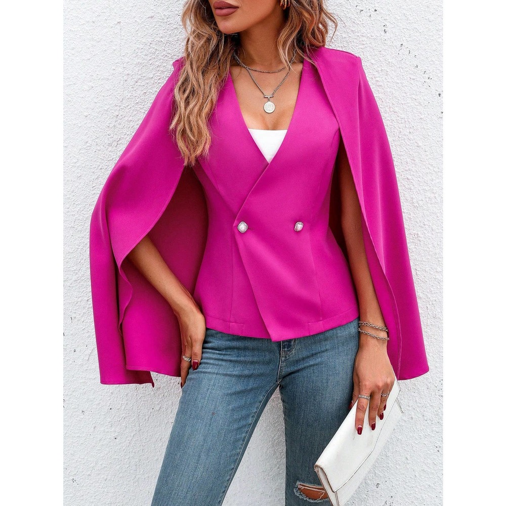 hot pink Solid Double Button Cape Blazer - Picture 1 of 4